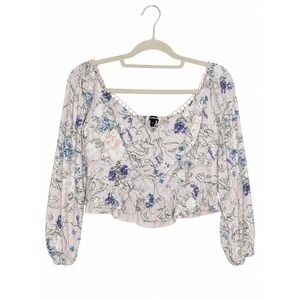 Express Floral Long Sleeve Crop Top Lavender Blue Linen Blend Smocked Back L